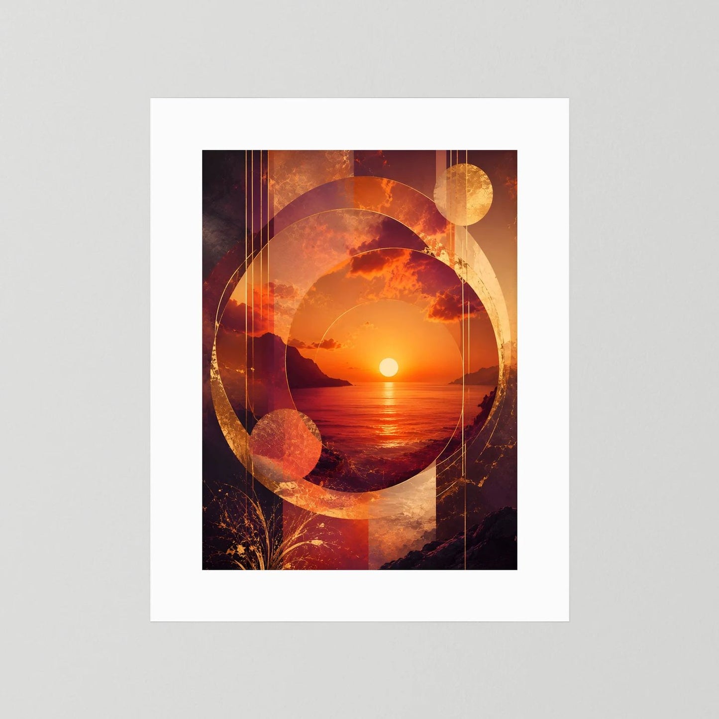 Abstraktes Sonnenuntergangs-Poster mit Kreis- und Liniengrafik über Meer, gold-orange, mit weißem Rand