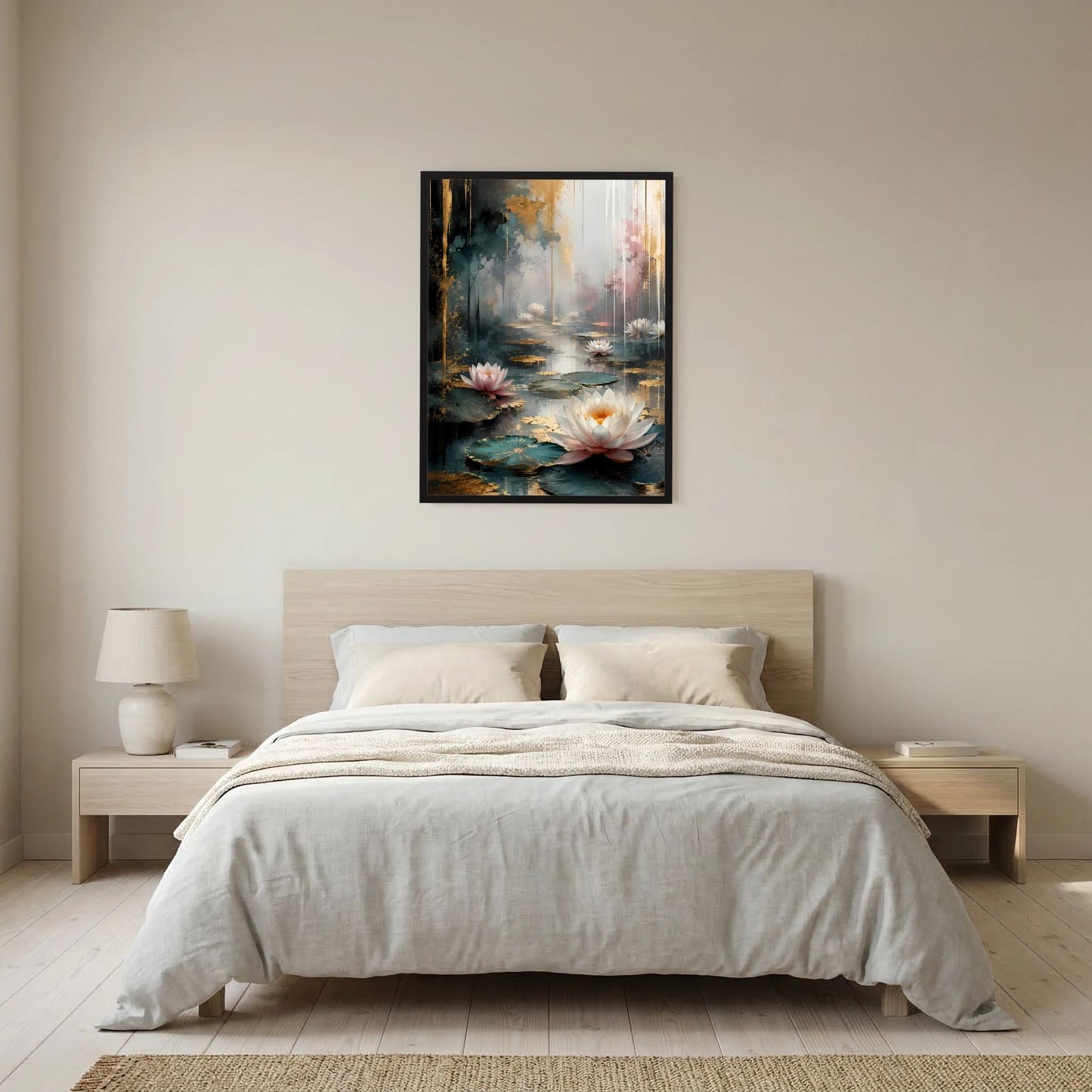 Hochformat-Poster mit abstrakten Wasserlilien in Weiß und Rosa, dunkler Rahmen
