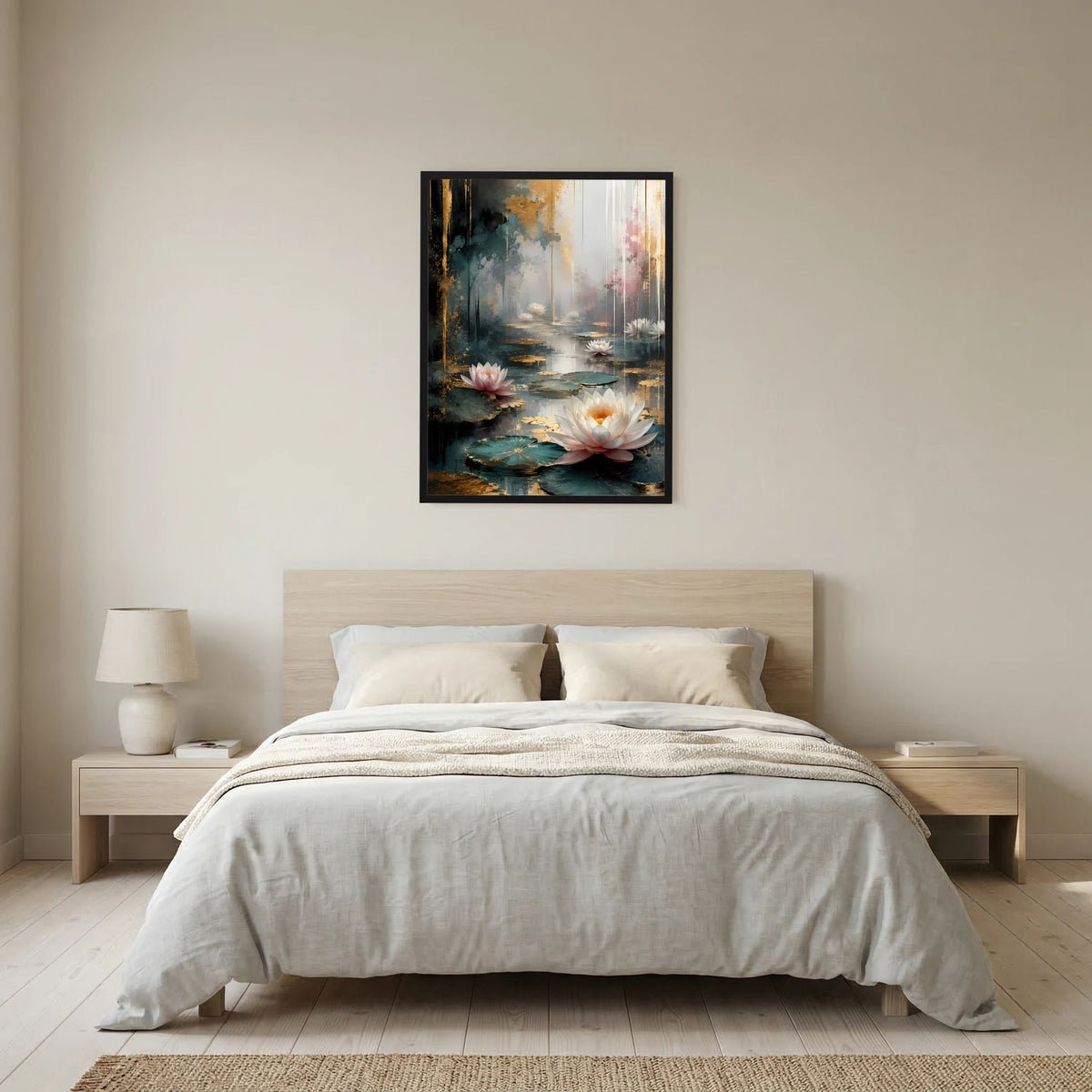 Hochformat-Poster mit abstrakten Wasserlilien in Weiß und Rosa, dunkler Rahmen