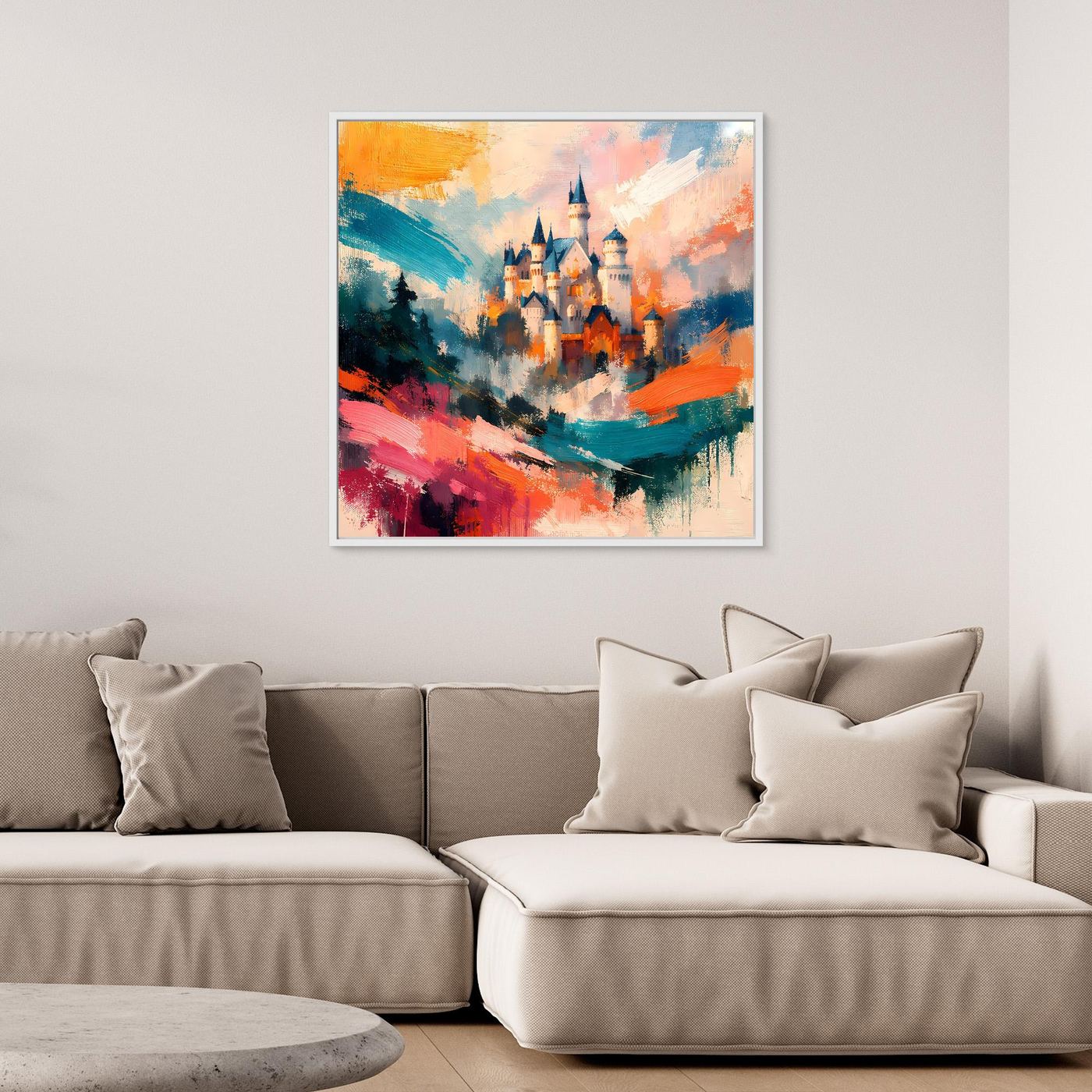 Premium Leinwand Märchenhaftes Schloss in abstrakten Farben | Modernes Castle Wandbild