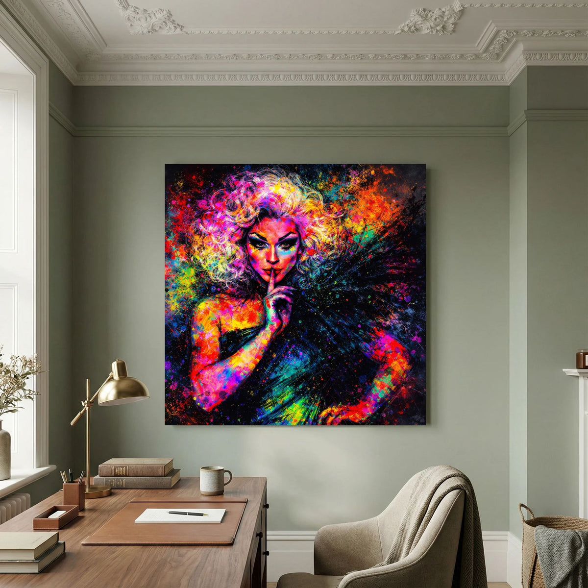 Leinwandbild mit Pop-Art-Drag-Queen-Porträt, kontrastreiche Farben und wirbelnde Effekte