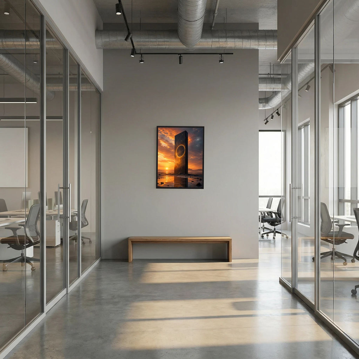 Hochformatiges Poster mit schwarzem Monolithen und goldener Kreisöffnung, Meer bei Sonnenuntergang