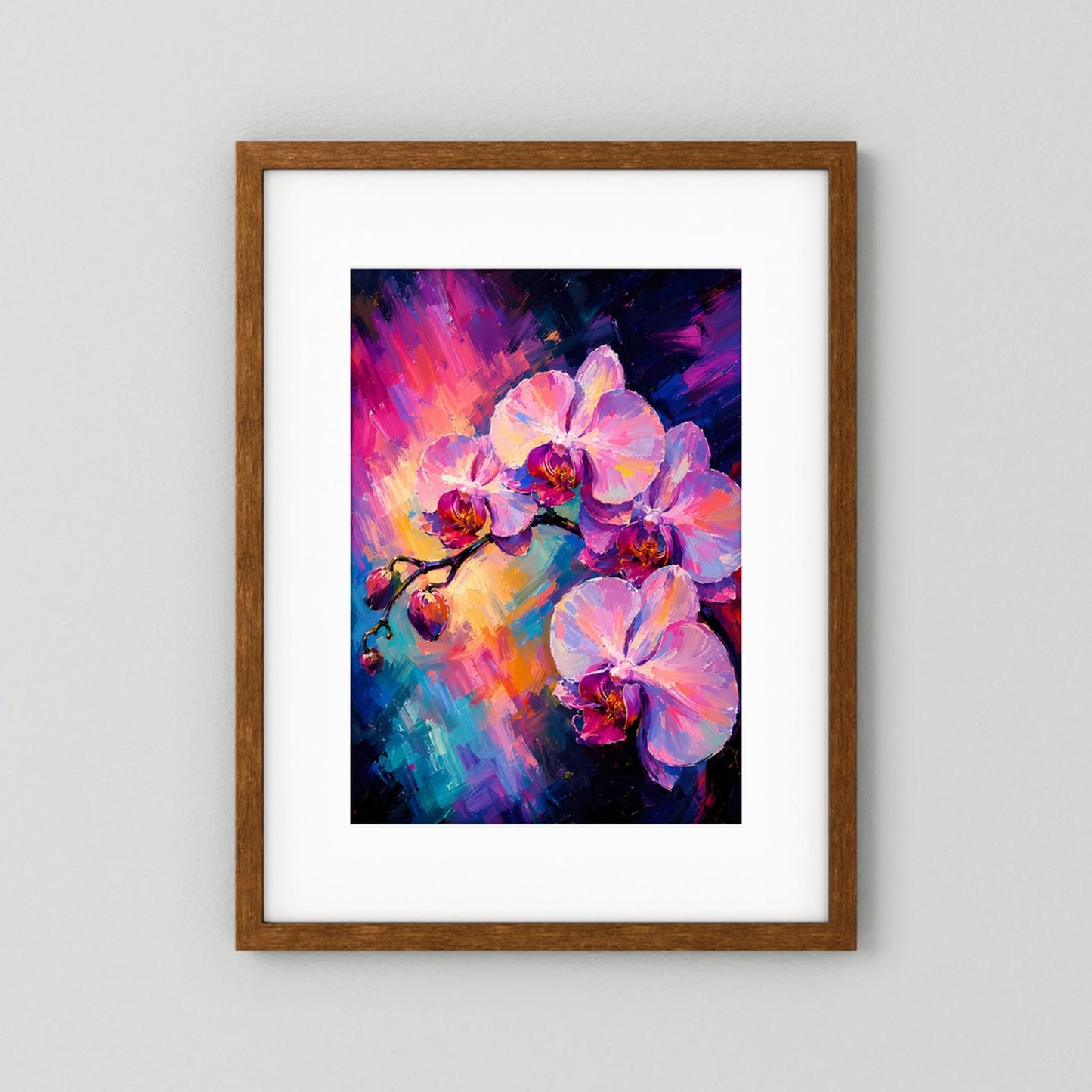 Kunstposter im Hochformat: abstrakte Orchideenblüten in Pink und Blau, brauner Holzrahmen dunkel