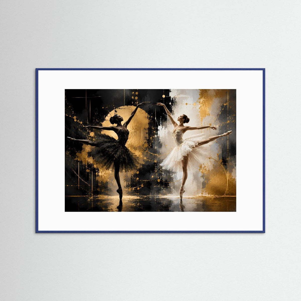 Gerahmtes Querformat-Poster: Balletttänzerinnen in Schwarz-Weiß mit goldenen Akzenten, blauer Rahmen