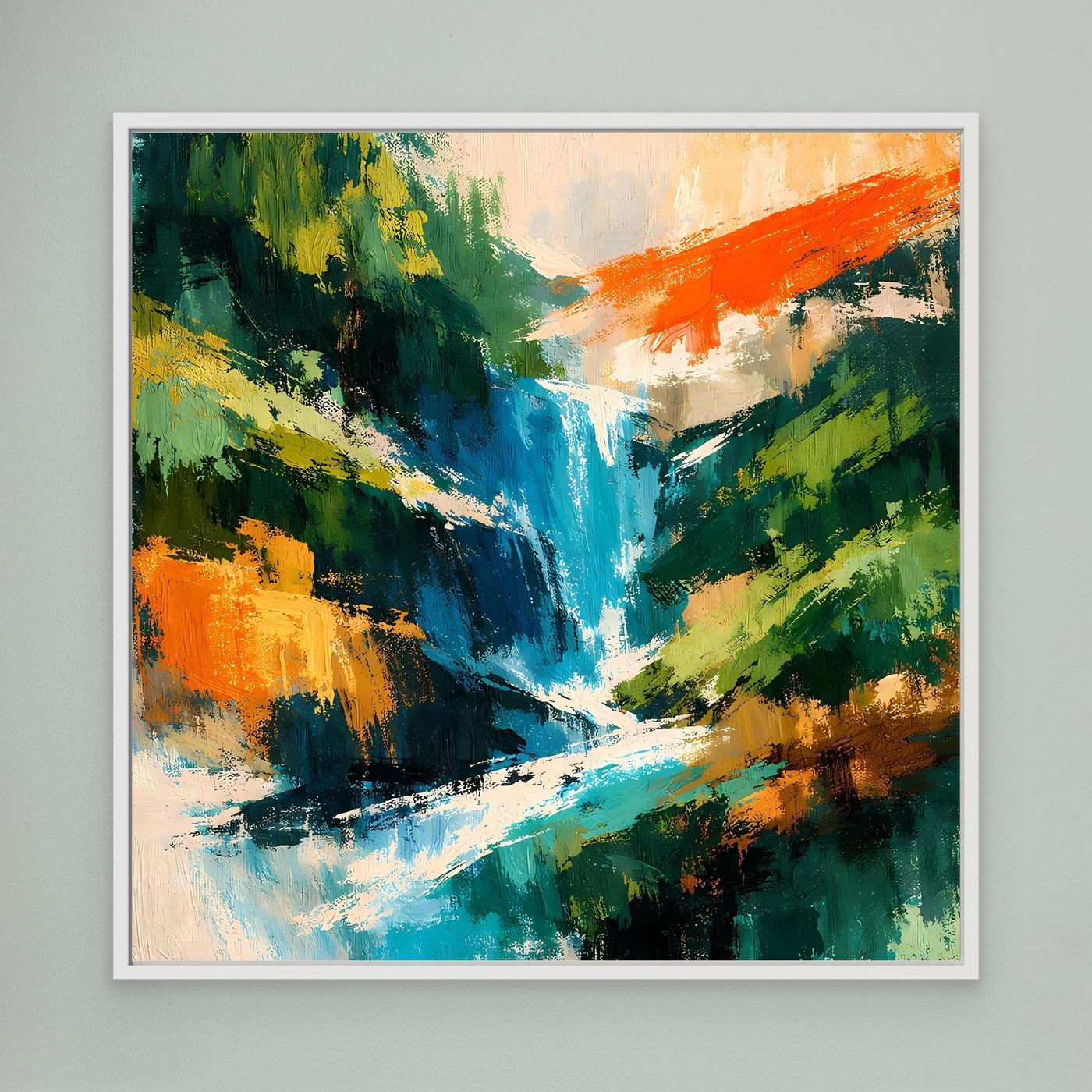 Abstraktes Leinwand-Wandbild mit Wasserfall, farbige Pinselstruktur, weißer Rahmen