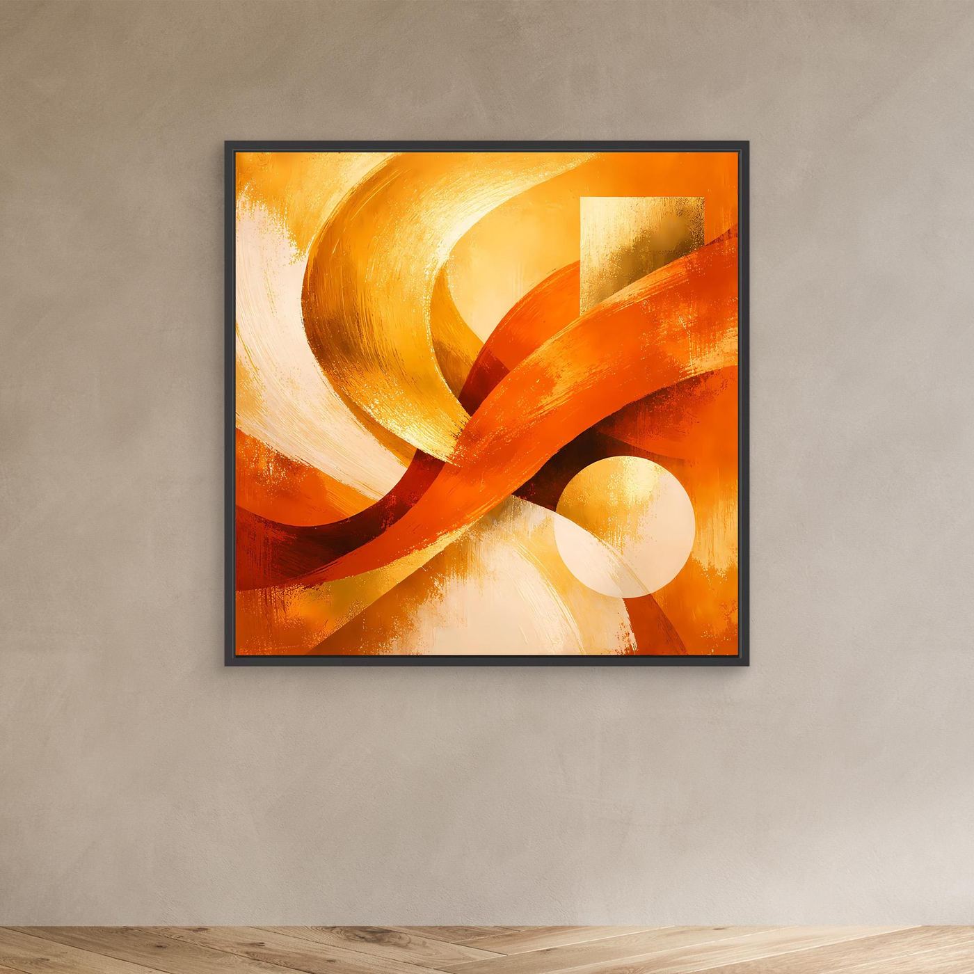 Wandhängendes Leinwandbild, schwarz gerahmt: goldene Wellen und Kreisformen in warmem Orange.