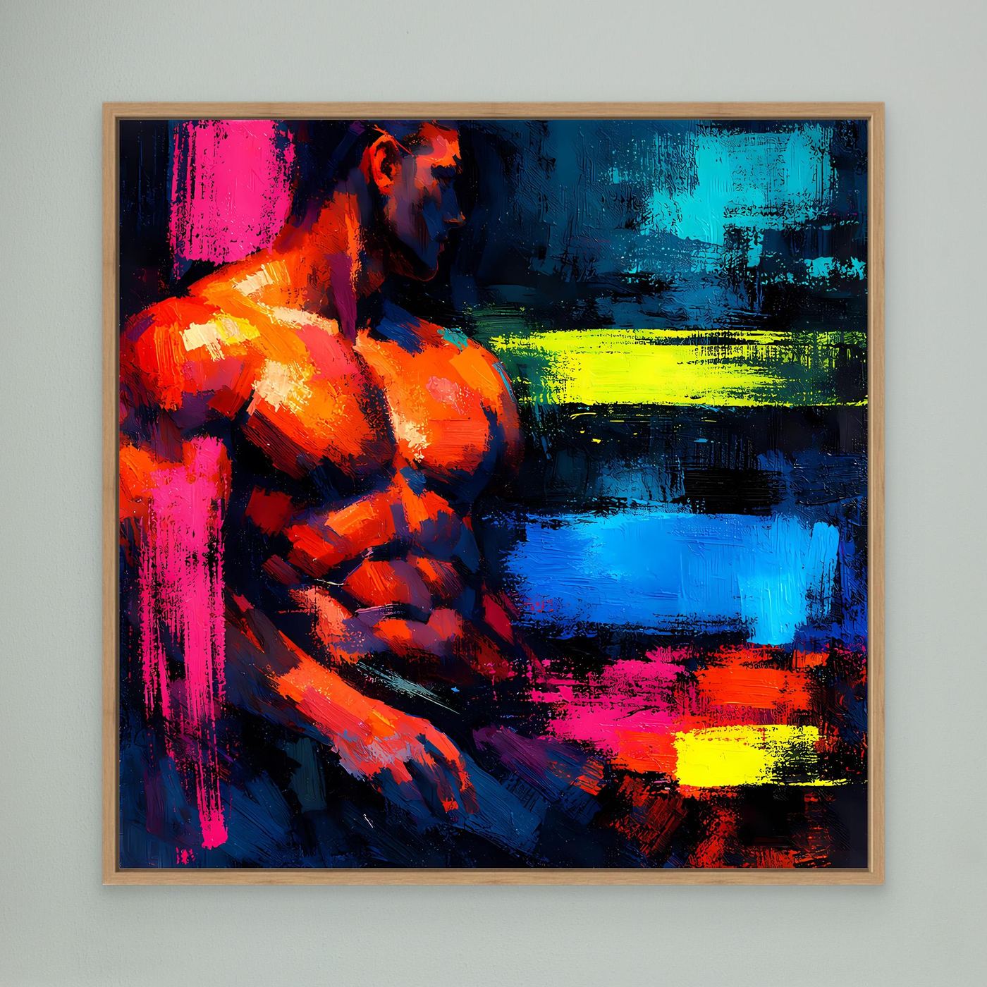 Leinwandbild Abstrakter Männlicher Torso | Moderner Neon-Kunst Wandbild auf echtem Holzkeilrahmen