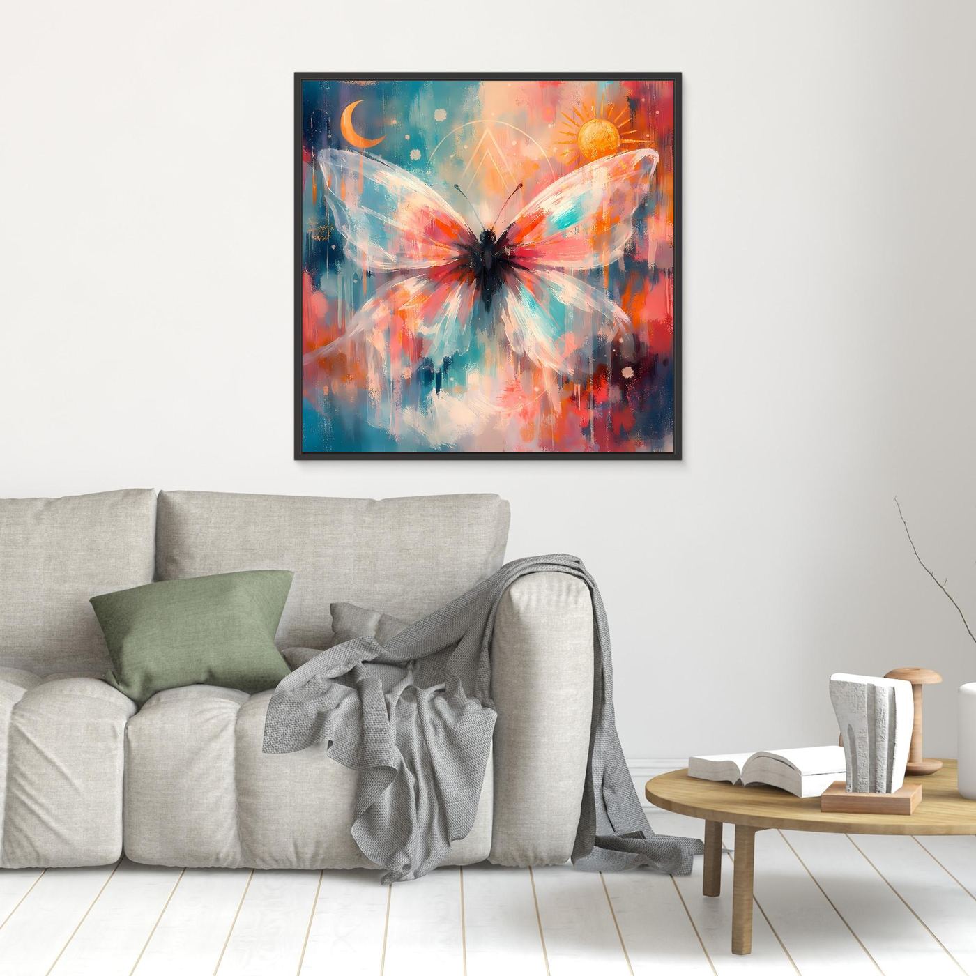 Wandbild mit buntem Schmetterling, Sonne und Mond im schwarzen Rahmen