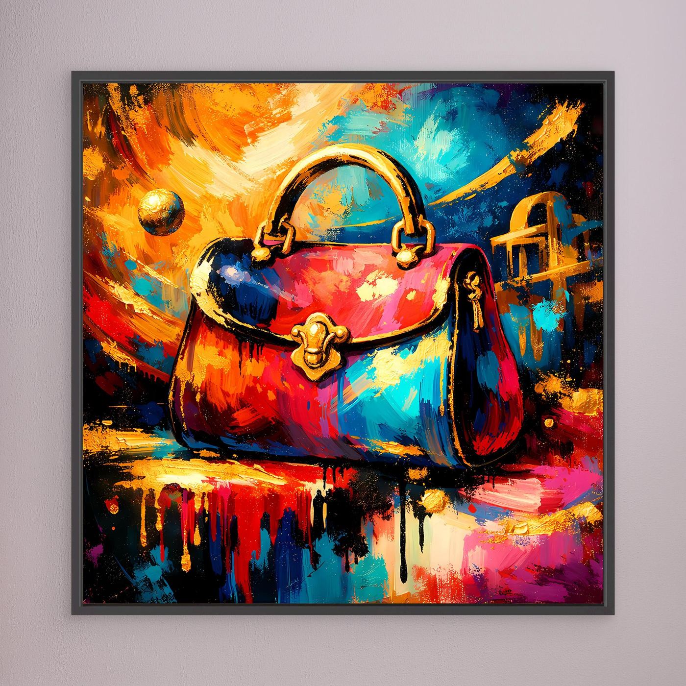 Leinwandbild mit abstrakter Handtasche, bunte Farbspritzer und goldene Akzente in dunklem Rahmen