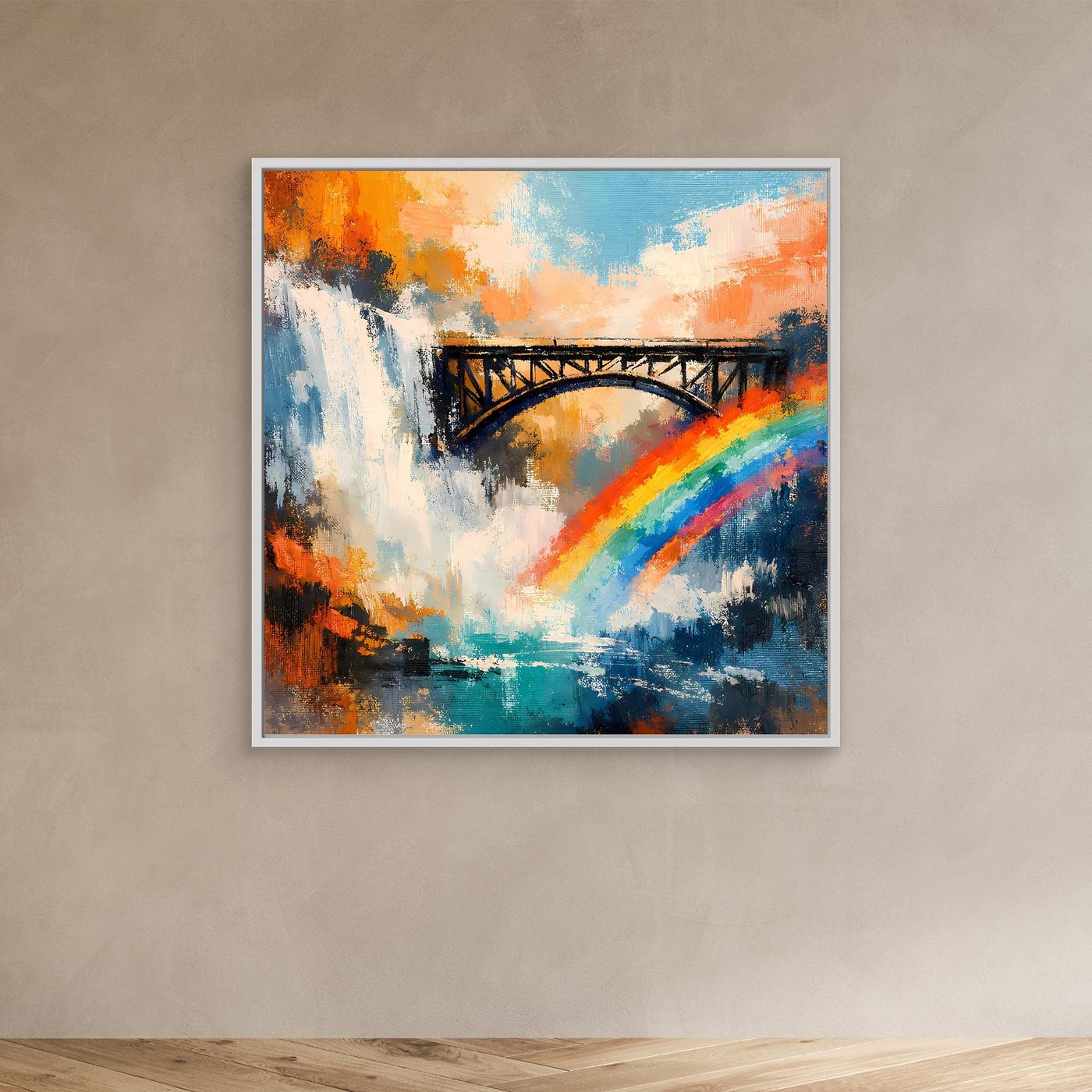 Abstraktes Leinwand-Wandbild mit Wasserfall, Brücke und Regenbogen im weißen Rahmen