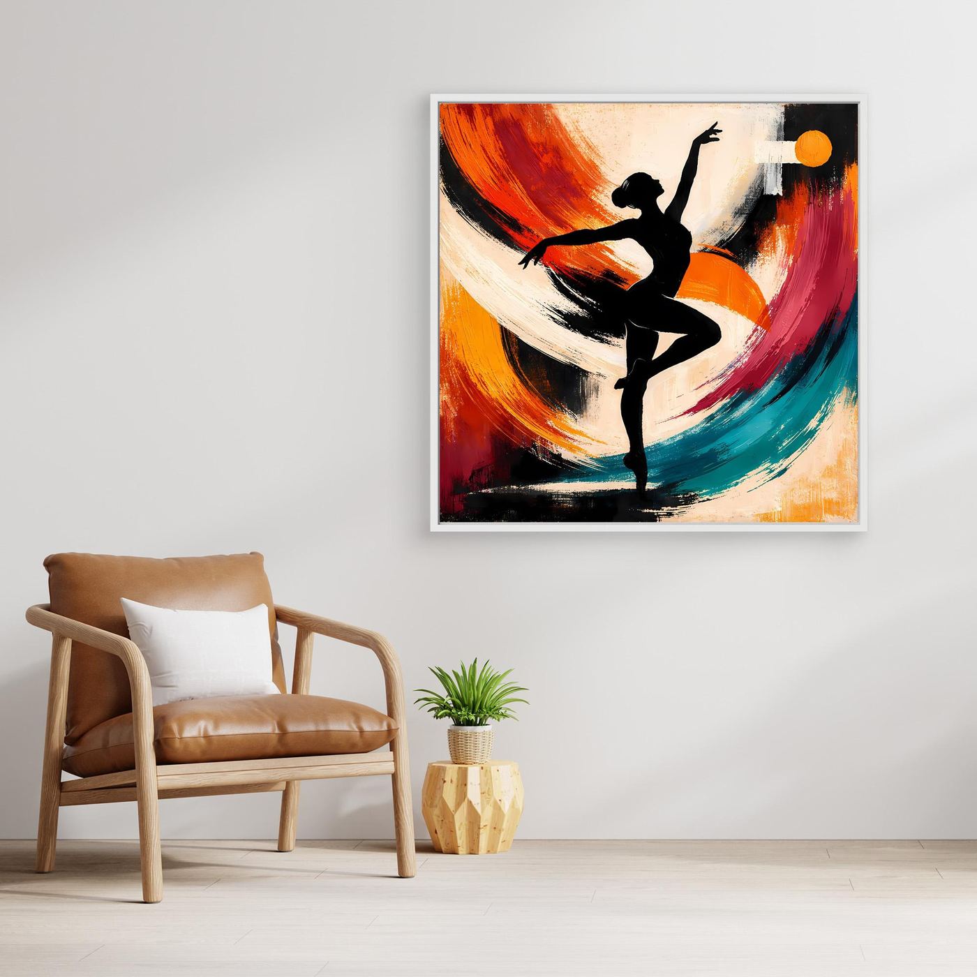Leinwandbild mit Ballerina-Silhouette: schwarze Tänzerin, kräftige Pinselwirbel in Orange und Türkis