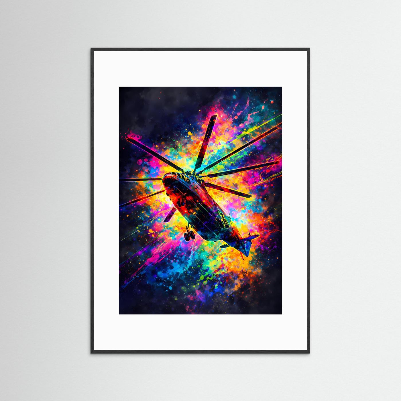 Dynamik des Himmels | Modernes Hubschrauber-Poster mit Neon-Farbspritzern | Abstraktes Kunstposter Hochformat