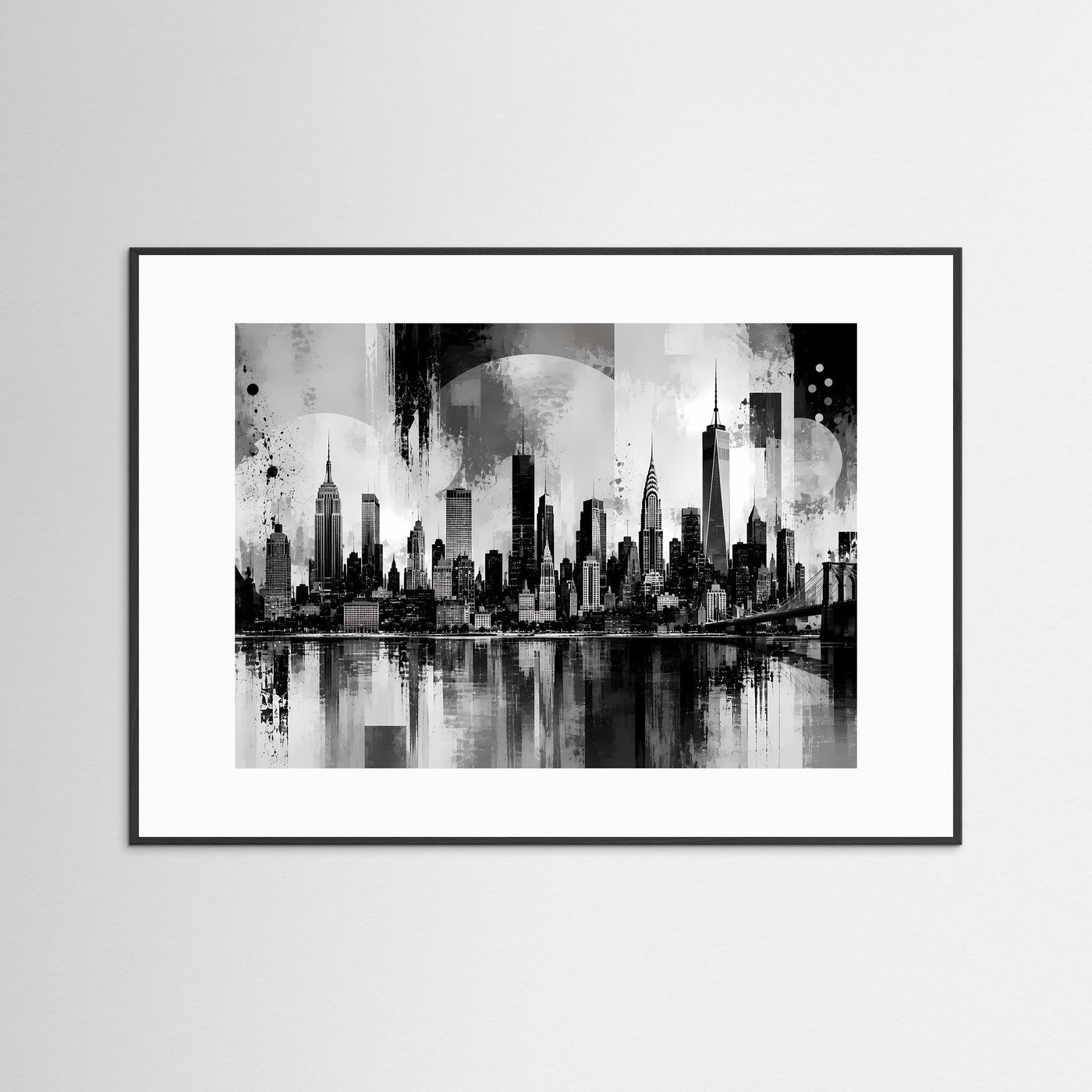 Schwarzweiß-Kunstdruck Manhattan-Skyline mit weißem Passepartout und schwarzem Rahmen