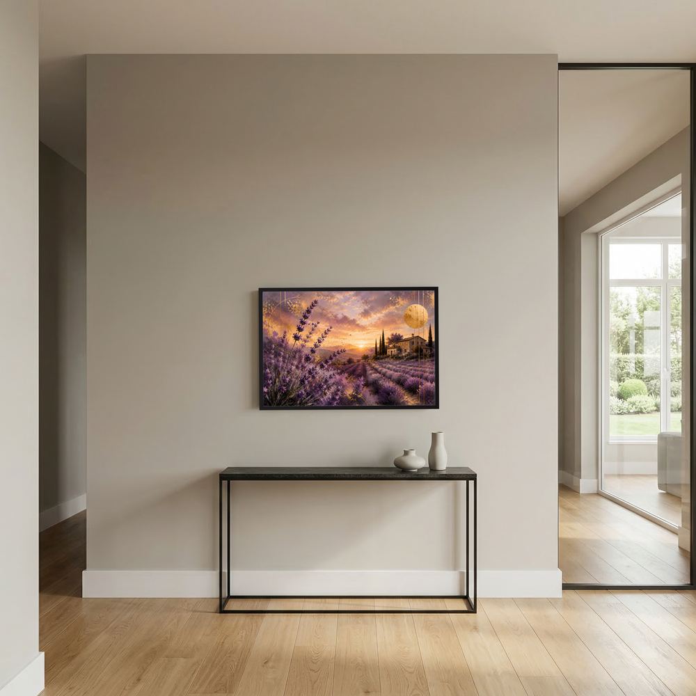 Wandposter im Querformat mit Lavendelfeld bei Sonnenuntergang und Landhaus, dunkler Rahmen.