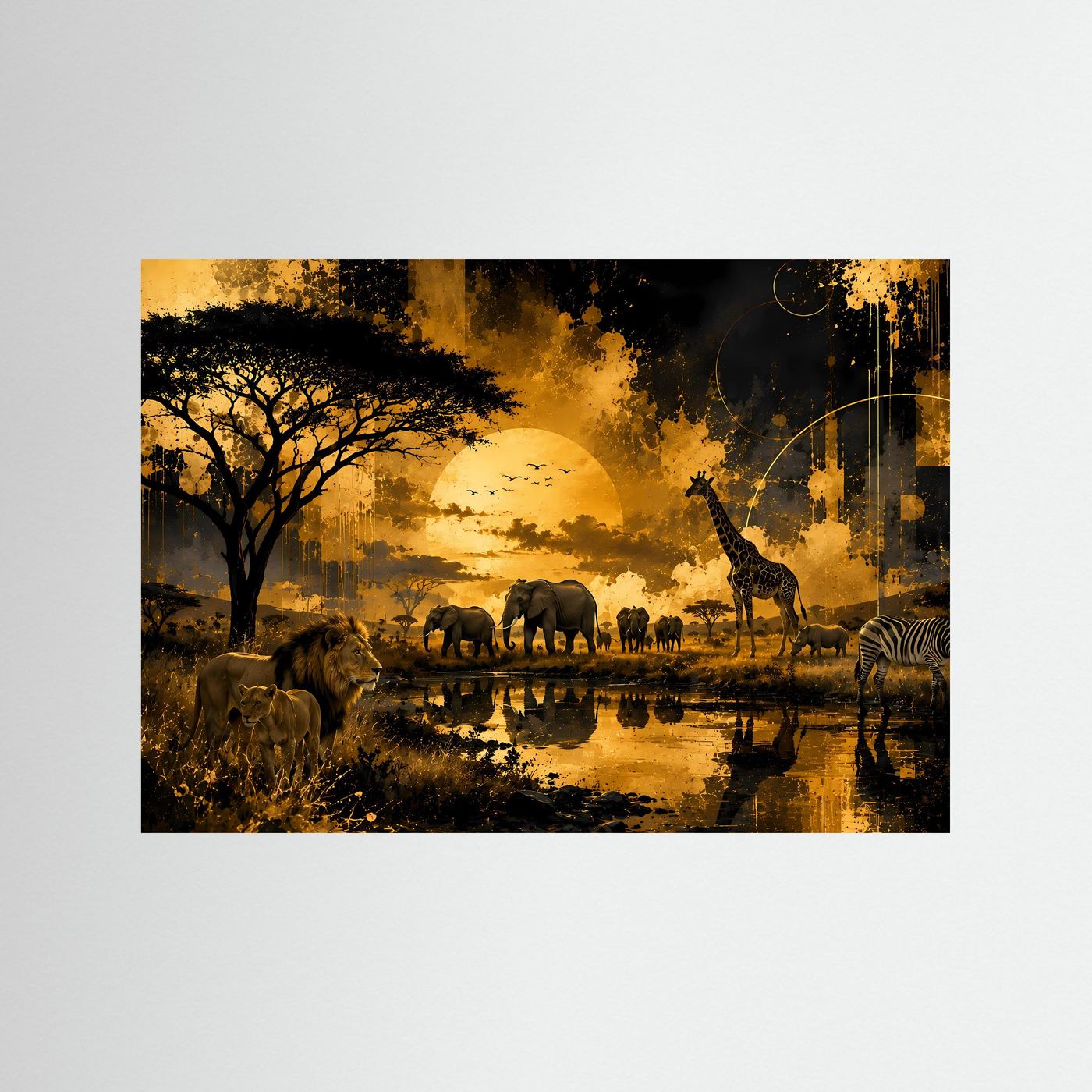 Savannenposter mit Elefanten, Löwe, Giraffe und Zebra in Schwarz-Gold