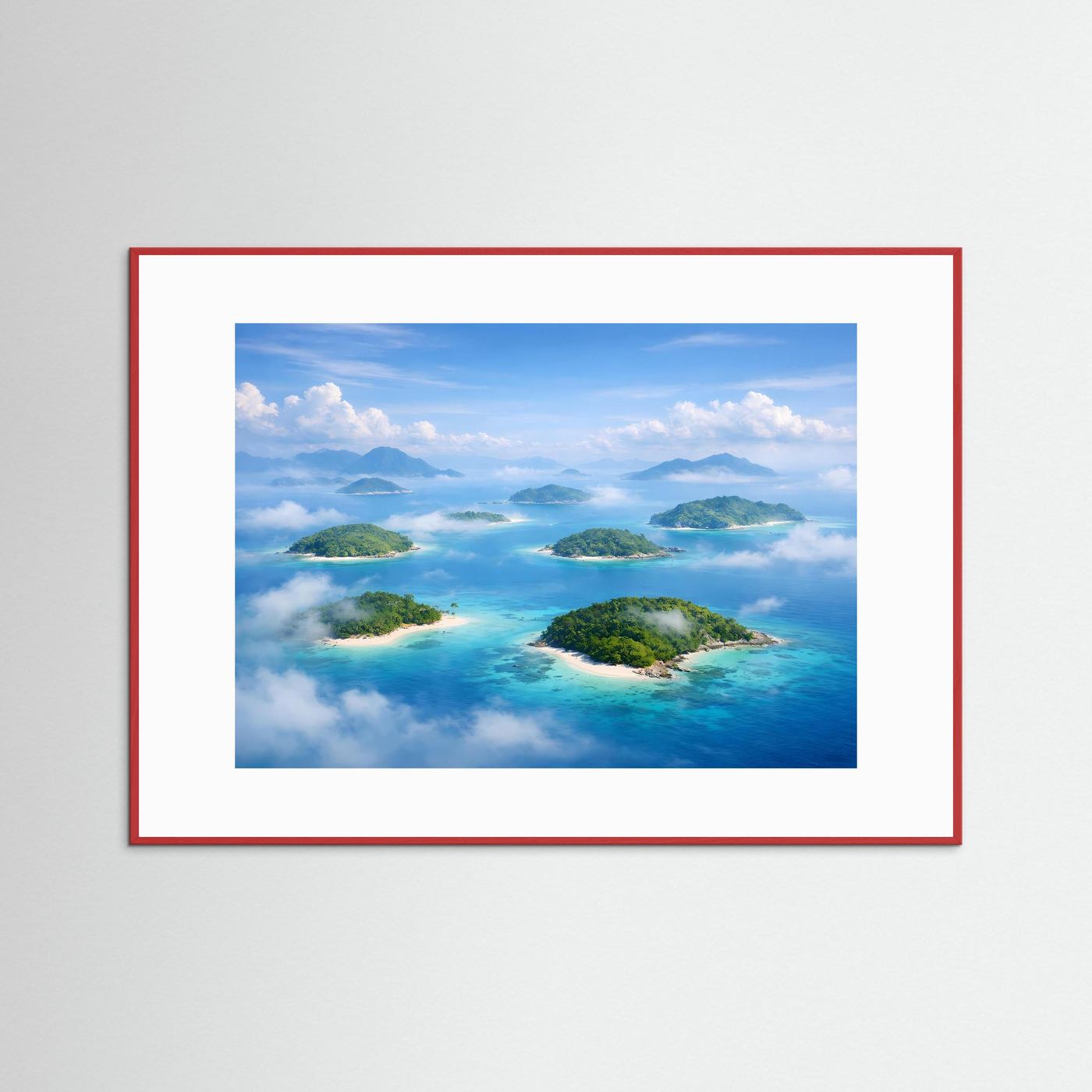 Wandbild mit tropischem Inselparadies, türkisblaues Meer, roter Rahmen