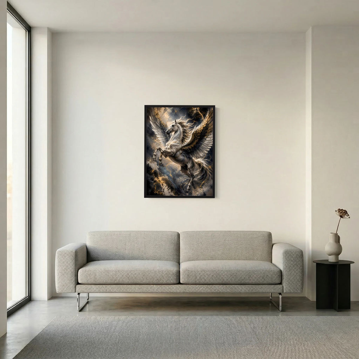Hochformat-Poster eines schwarzen Pegasus mit goldenen Flügeln, schwarz gerahmt