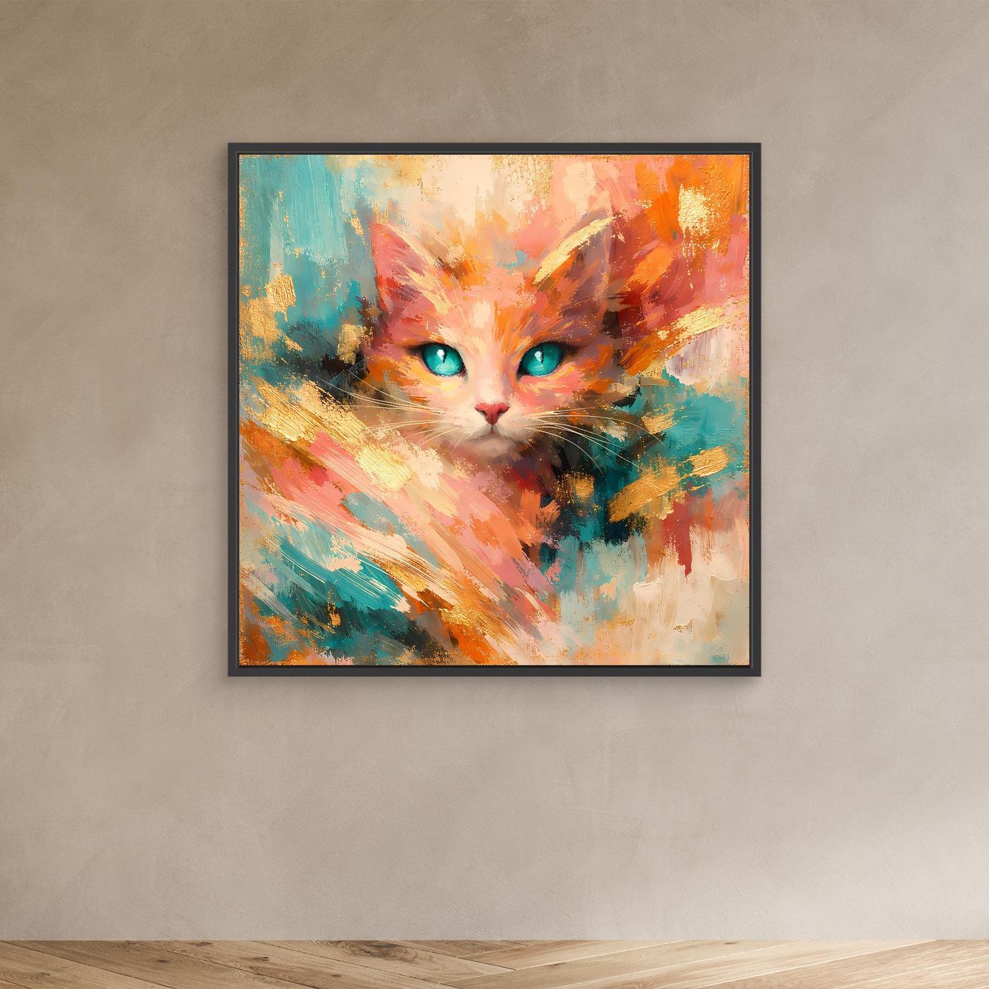 Leinwandbild abstrakte Katze mit türkisen Augen, orange-bunt, im schwarzen Rahmen