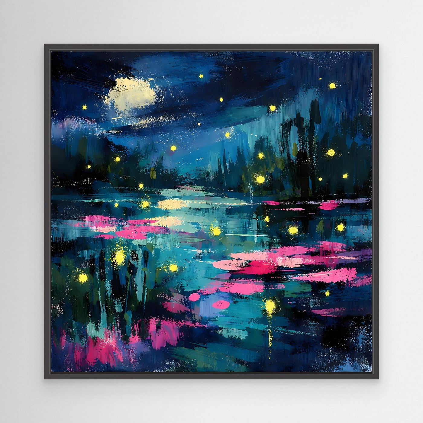 Abstract canvas wall art in black frame: moonlit lake with glowing fireflies and pink reflections