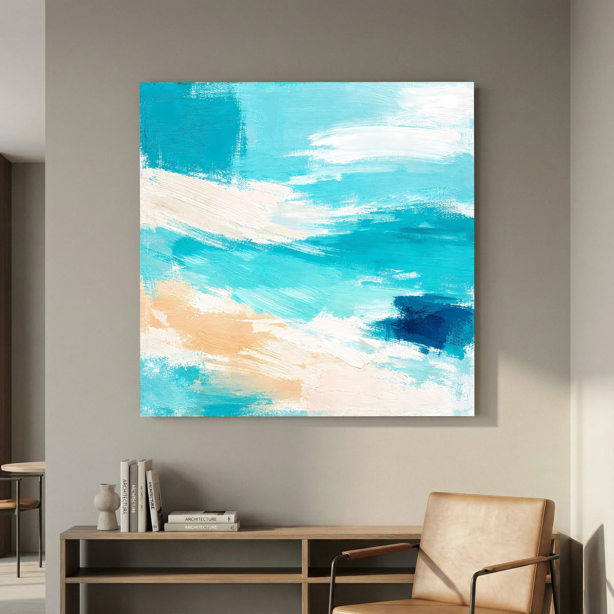 Quadratisches Leinwand-Wandbild mit breiten Farbbahnen: blau-türkise Wellen, beige und weiße Highlights.