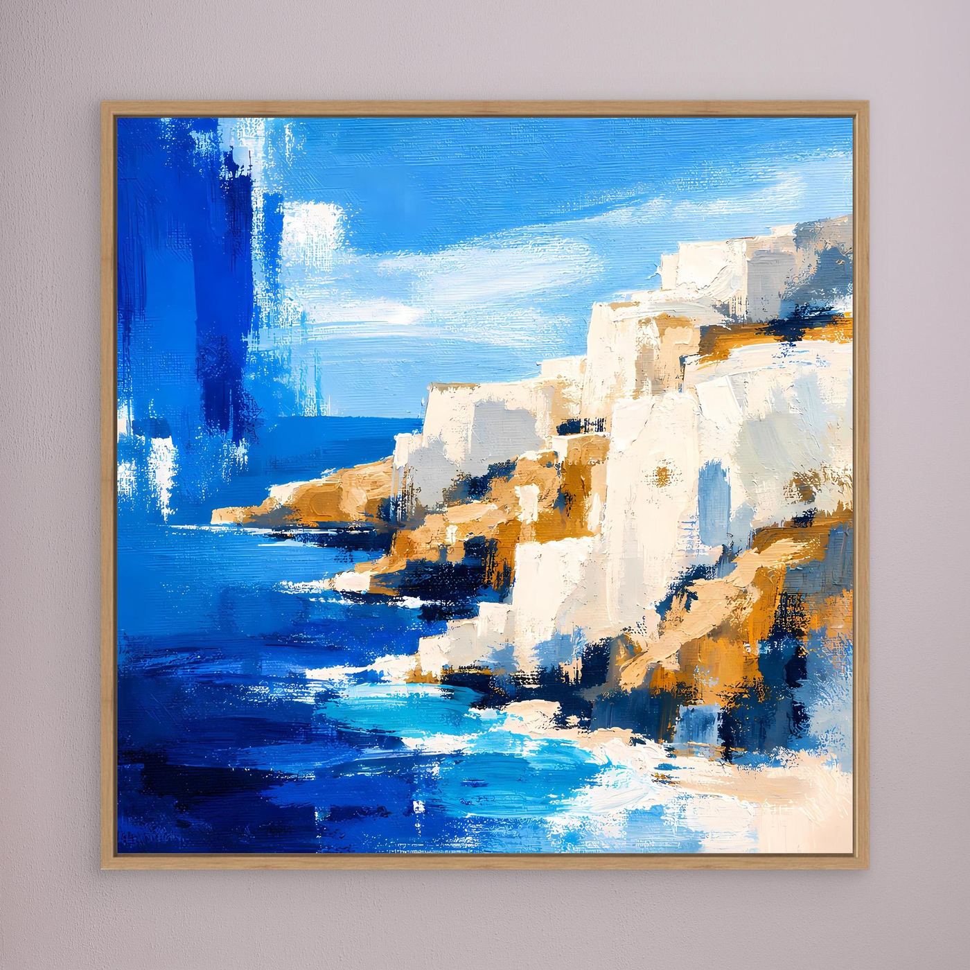 Leinwand-Wandbild mit abstrakter Küstenlandschaft in Blau und Weiß, Holzrahmen