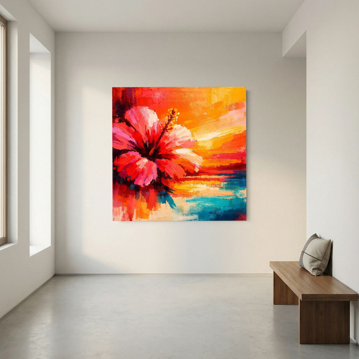 Hibiskusblüten-Abstraktbild auf Leinwand mit kleinem Format, rote Blüte und orange-blauer Horizont