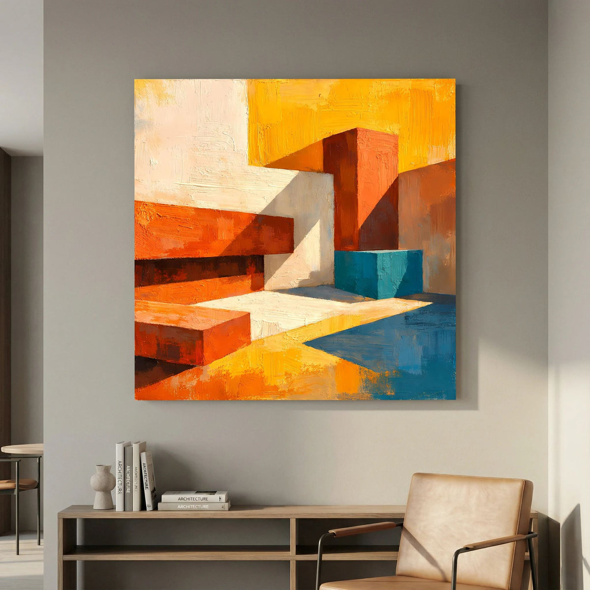 Abstraktes Leinwand-Wandbild mit blockartigen Formen in Orange, Weiß und Blau