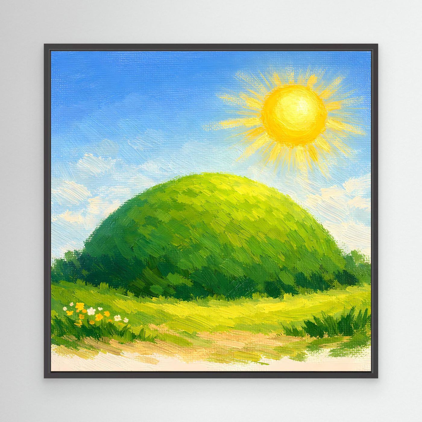 Leinwandbild mit schwarzem Rahmen: grüner Hügel, gelbe Sonne, Blumenwiese