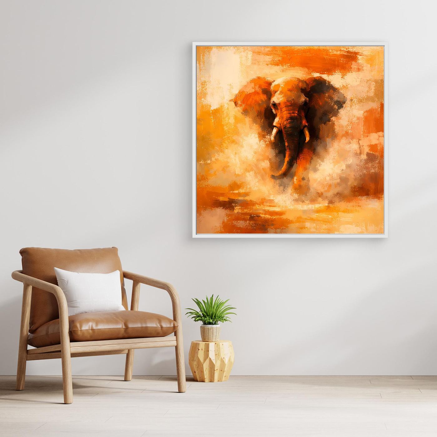 Leinwand Abstraktes Elefanten Gemälde | Modernes Kraftvolles Tier Wandbild Orange Ocker