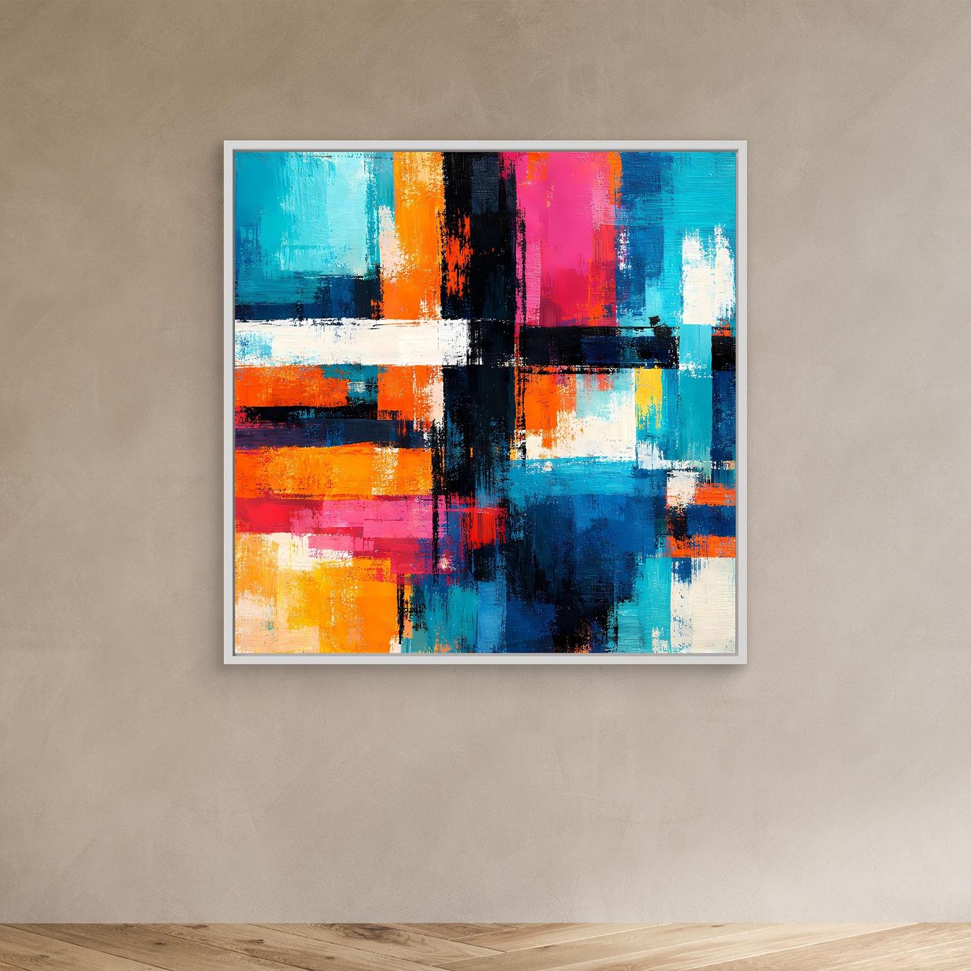 Abstract geometric canvas painting with colorful blocks and lines, unframed