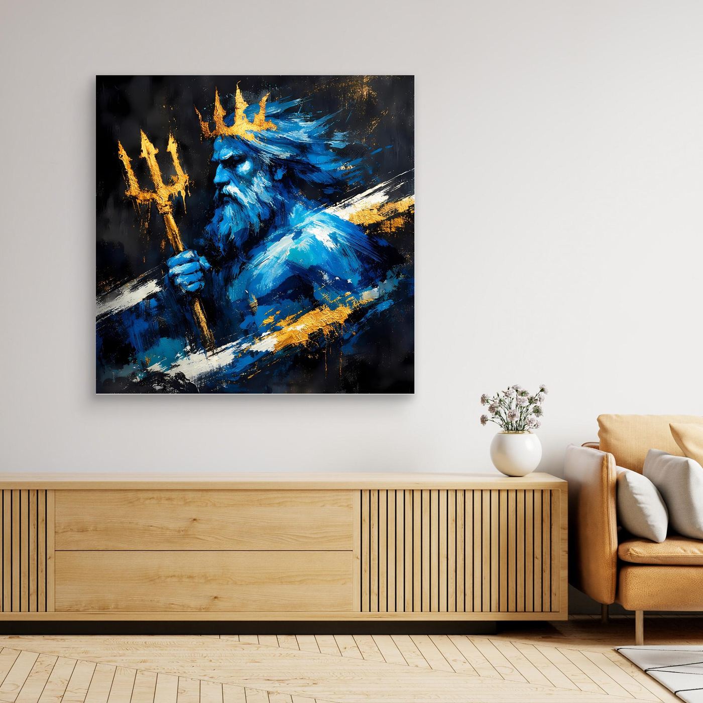 Leinwand Poseidon Gott des Meeres | Abstraktes Mythologie Wandbild Blau Gold