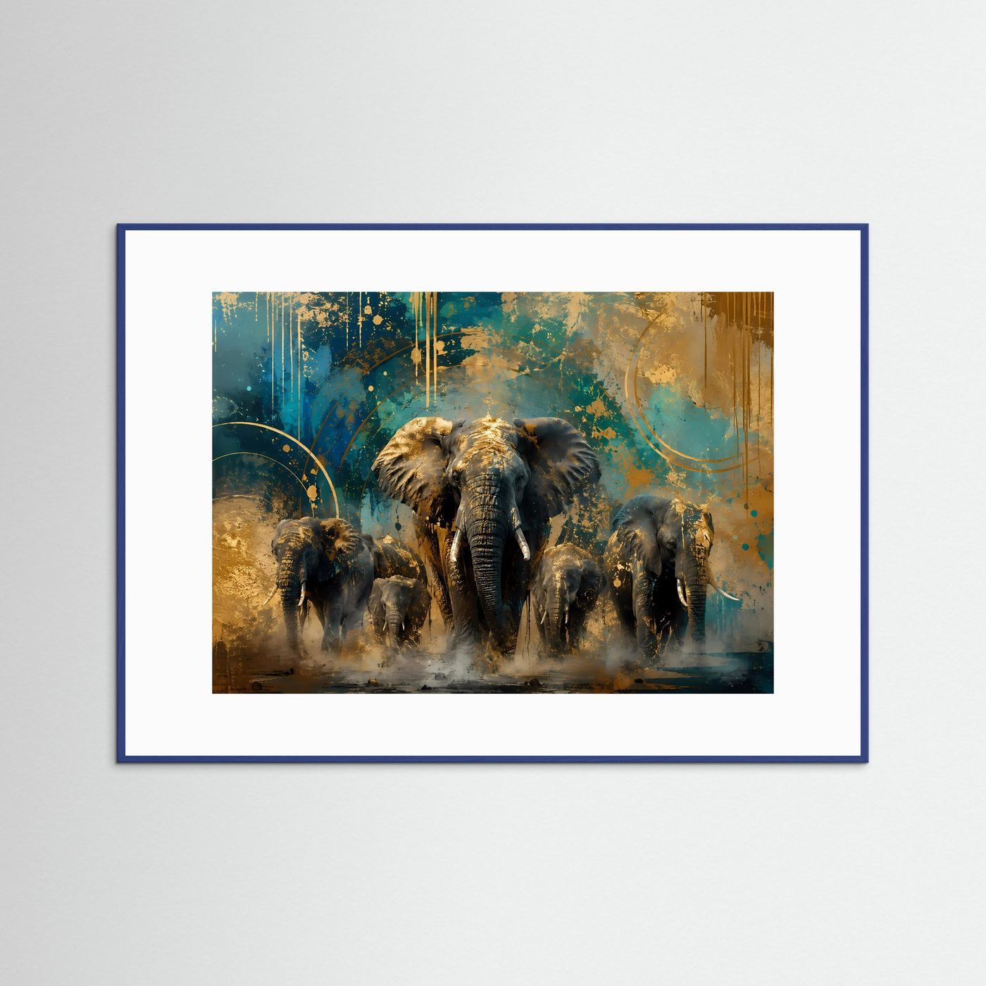 Poster mit Elefantenherde, goldene und petrolfarbene Wildlife-Illustration, blauer Rahmen