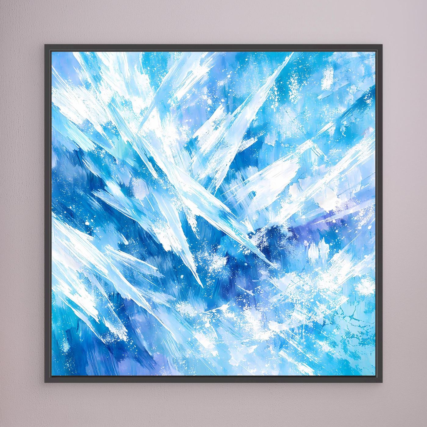 Quadratisches Leinwand-Wandbild mit abstrakten Eiskristallen in Blau, schwarzer Rahmen
