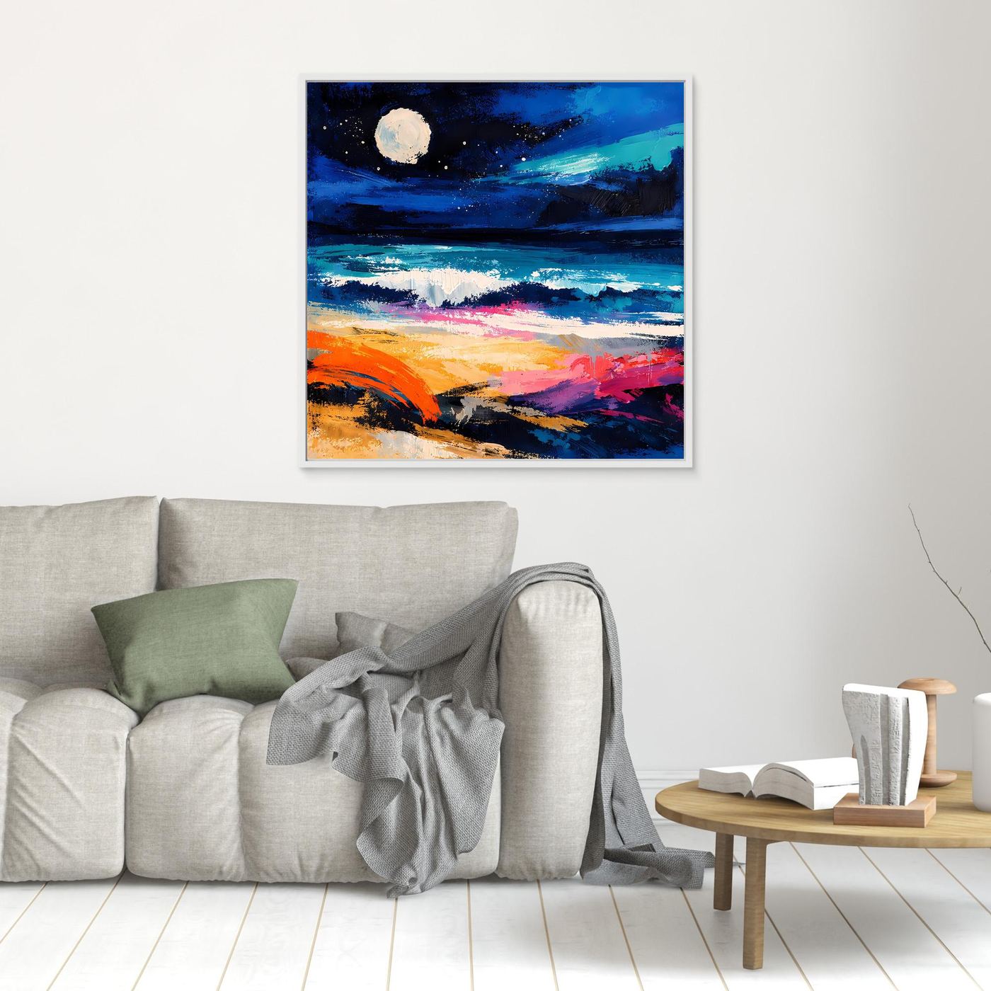 Kleines Wandbild mit abstraktem Küstenmotiv, Vollmond über Meer, blau, türkis und orange, weiß gerahmt.