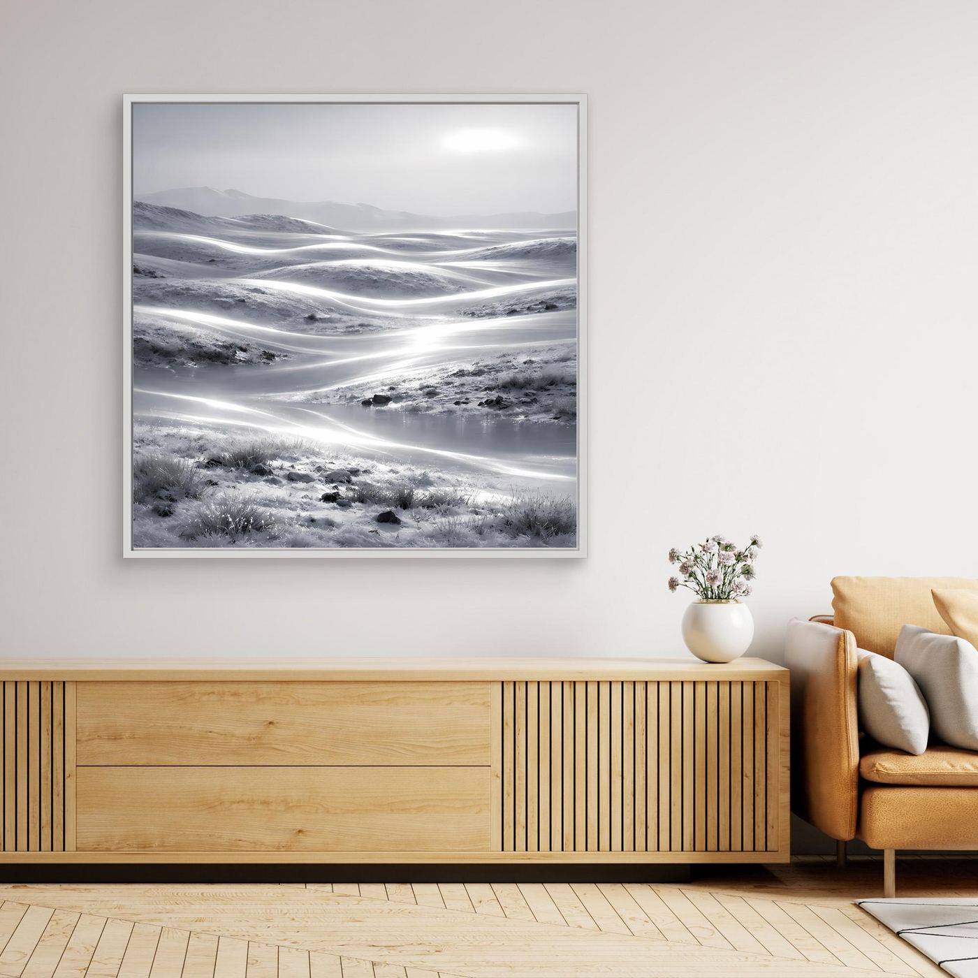 Schneelandschaft-Leinwandbild mit weißem Rahmen, abstrakte Winterberge und Schneefelder