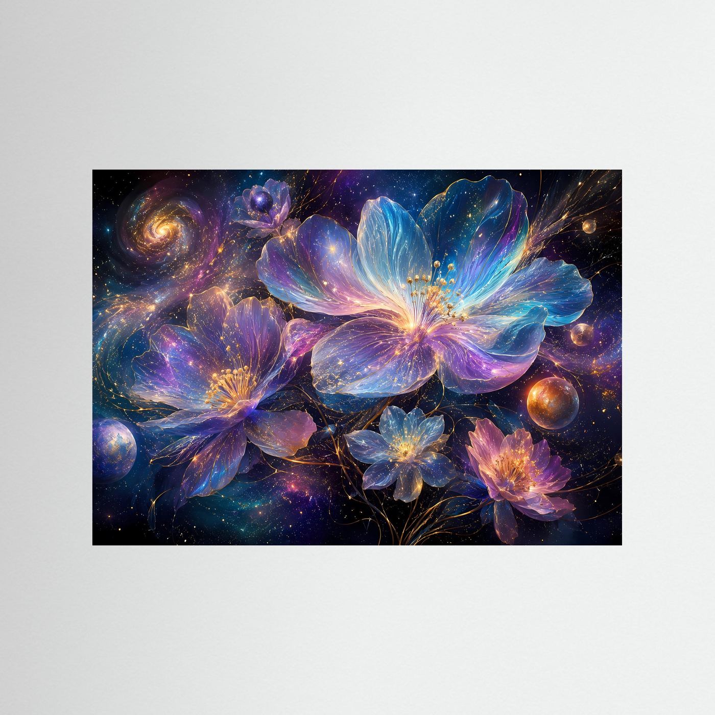 Kosmische Blüten | Galaktisches Blumen-Wandbild in Blau, Violett & Gold