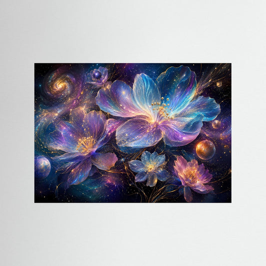 Kosmisches Blumen-Wandbild mit blauen, violetten und goldfarbenen Galaxienblüten
