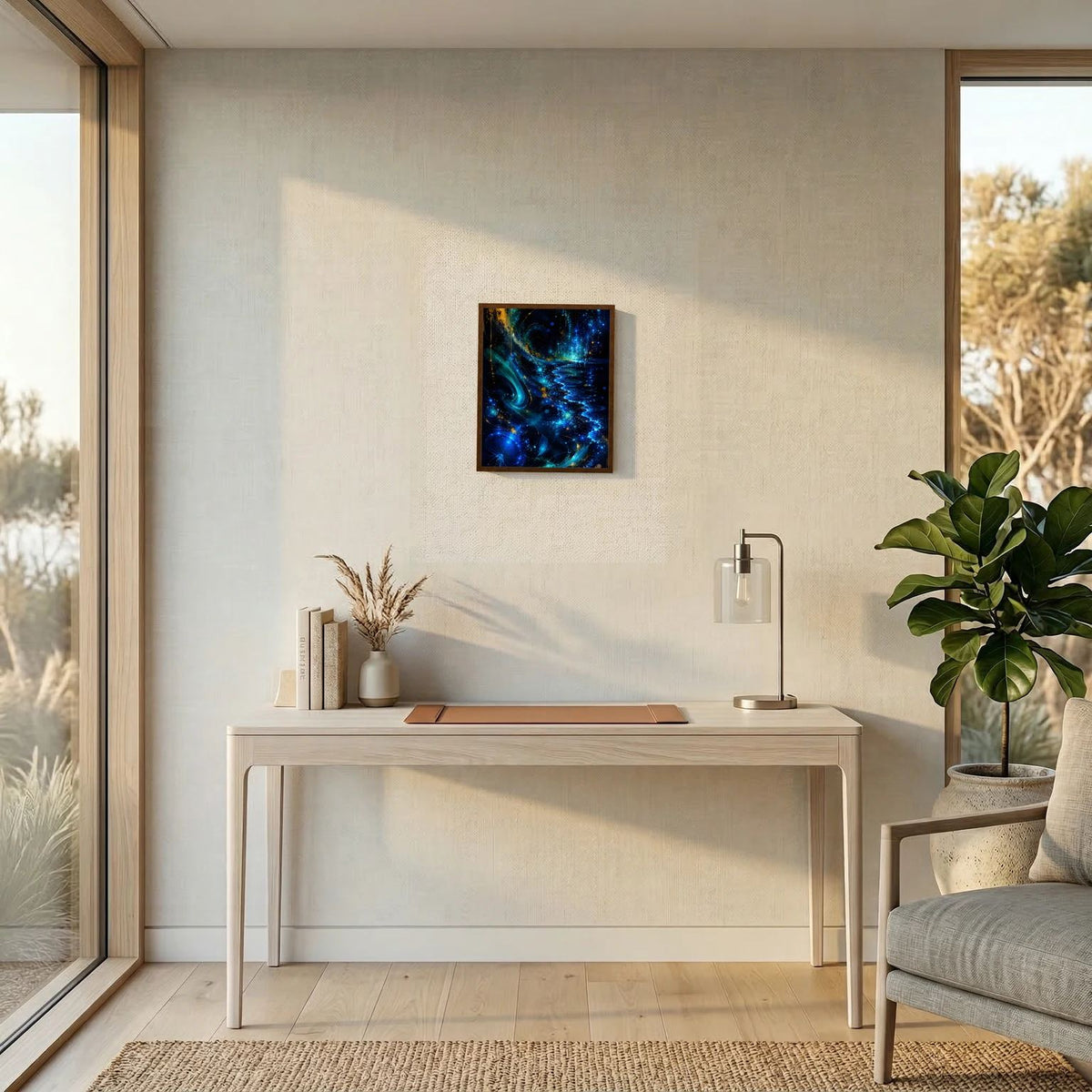 Gerahmtes Hochformat-Poster mit abstrakten Wellen in Blau und Gold an heller Wand