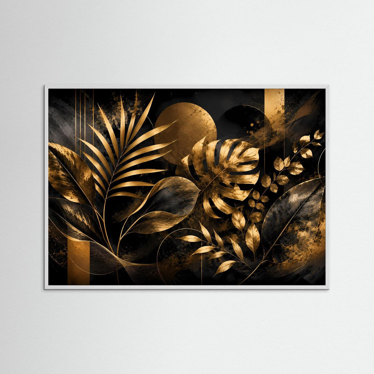 Querformat-Poster mit abstrakten Pflanzenblättern, Schwarz-Gold, im weißen Holzrahmen