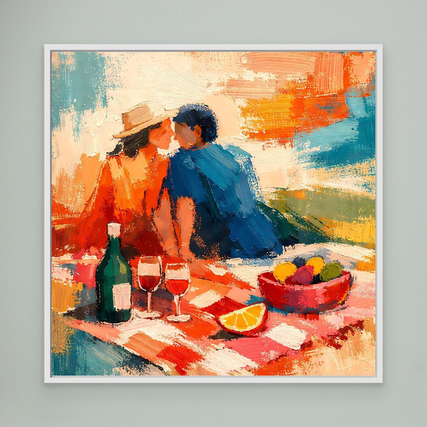 Leinwand-Wandbild mit abstraktem Picknick-Pärchen, weiß gerahmt