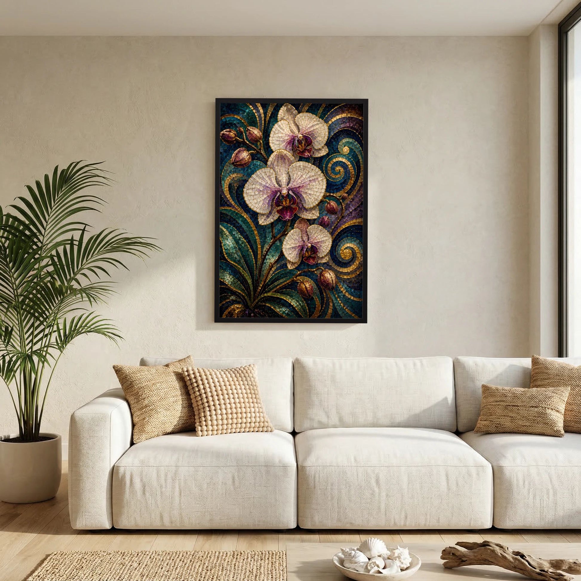 Gerahmtes Orchideen-Poster an der Wand, Mosaikstil mit weißen Blüten und türkis-goldenem Muster