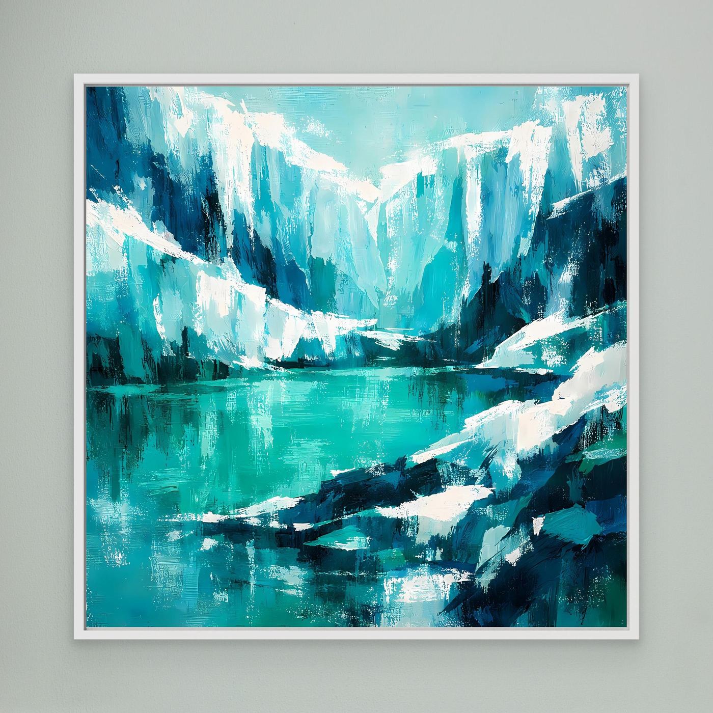 Leinwand-Wandbild mit abstrakten Eisbergen im Ozean, weiß gerahmt