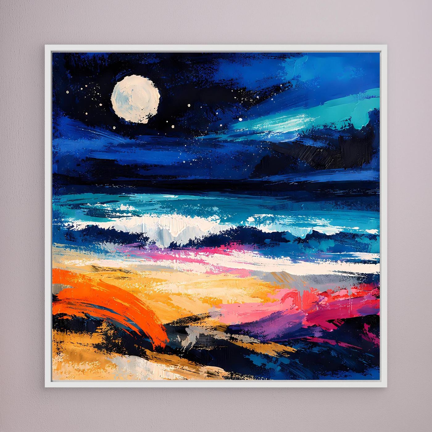 Wandbild mit abstraktem Küstenmotiv, Vollmond über Meer, türkis- und blau-graue Farbflächen, weiß gerahmt.