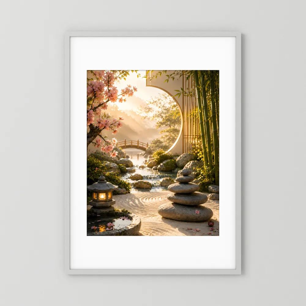 Hochformat-Poster Zen-Garten mit weißem Rahmen und Rand: Bambus, Kirschblüten, Steine, Laterne