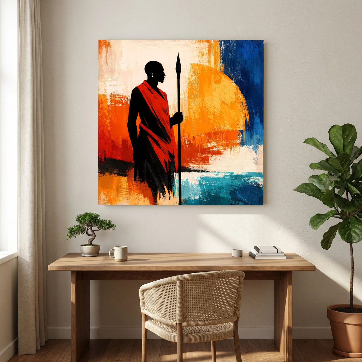 Wandbild mit Silhouette des Kriegers: roter Umhang, Speer, orange und blaue abstrakte Flächen