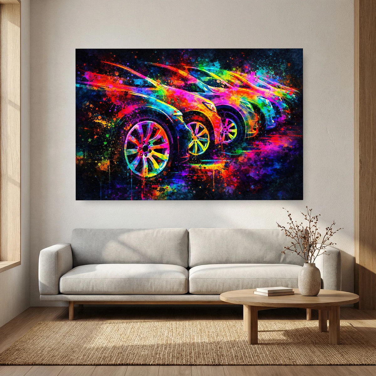 Querformatiges Wandbild mit Sportwagen in Regenbogenfarben und Spritzmustern