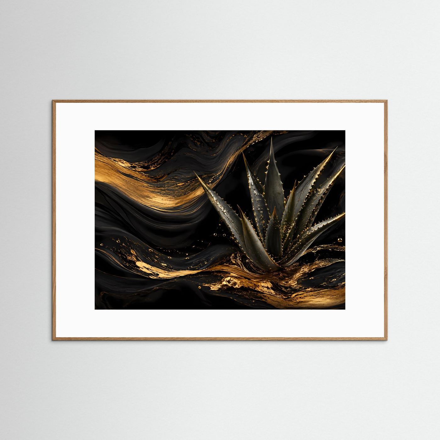 Poster: abstrakte Aloe Vera, schwarz-goldenes Bild, brauner Rahmen (Querformat)