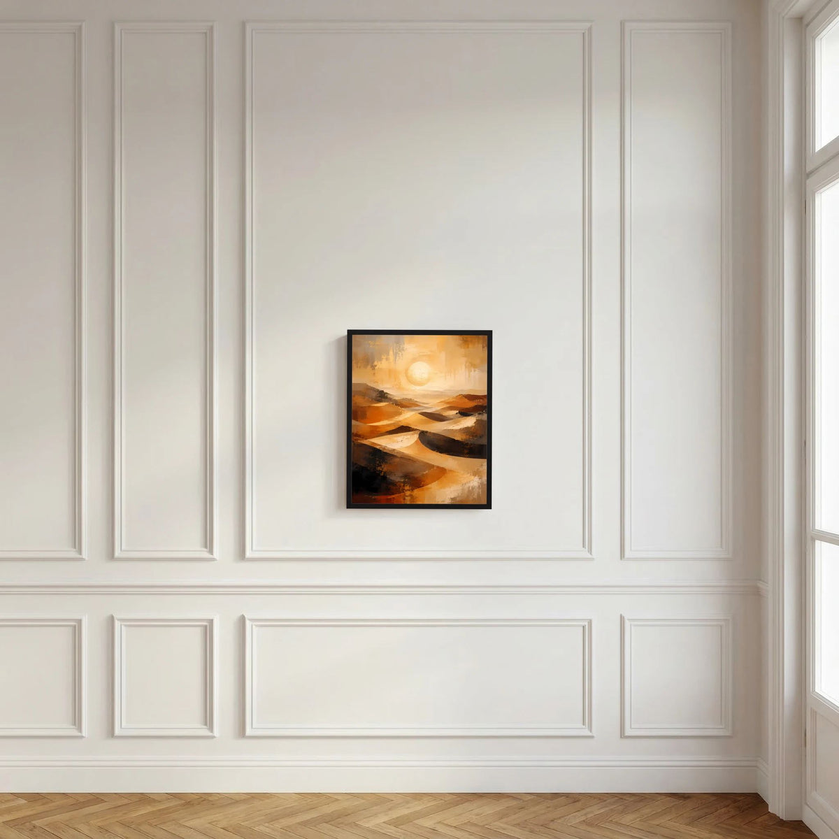Gerahmtes Wüsten-Poster in Gold und Orange mit Kreis-Sonne und dunklen Dünen.