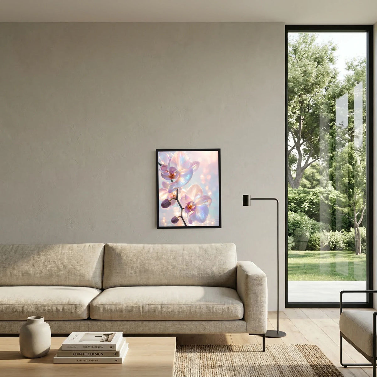 Gerahmtes Kunstposter mit Orchideenblüten in Pastellrosa und Hellblau, schwarzer Rahmen