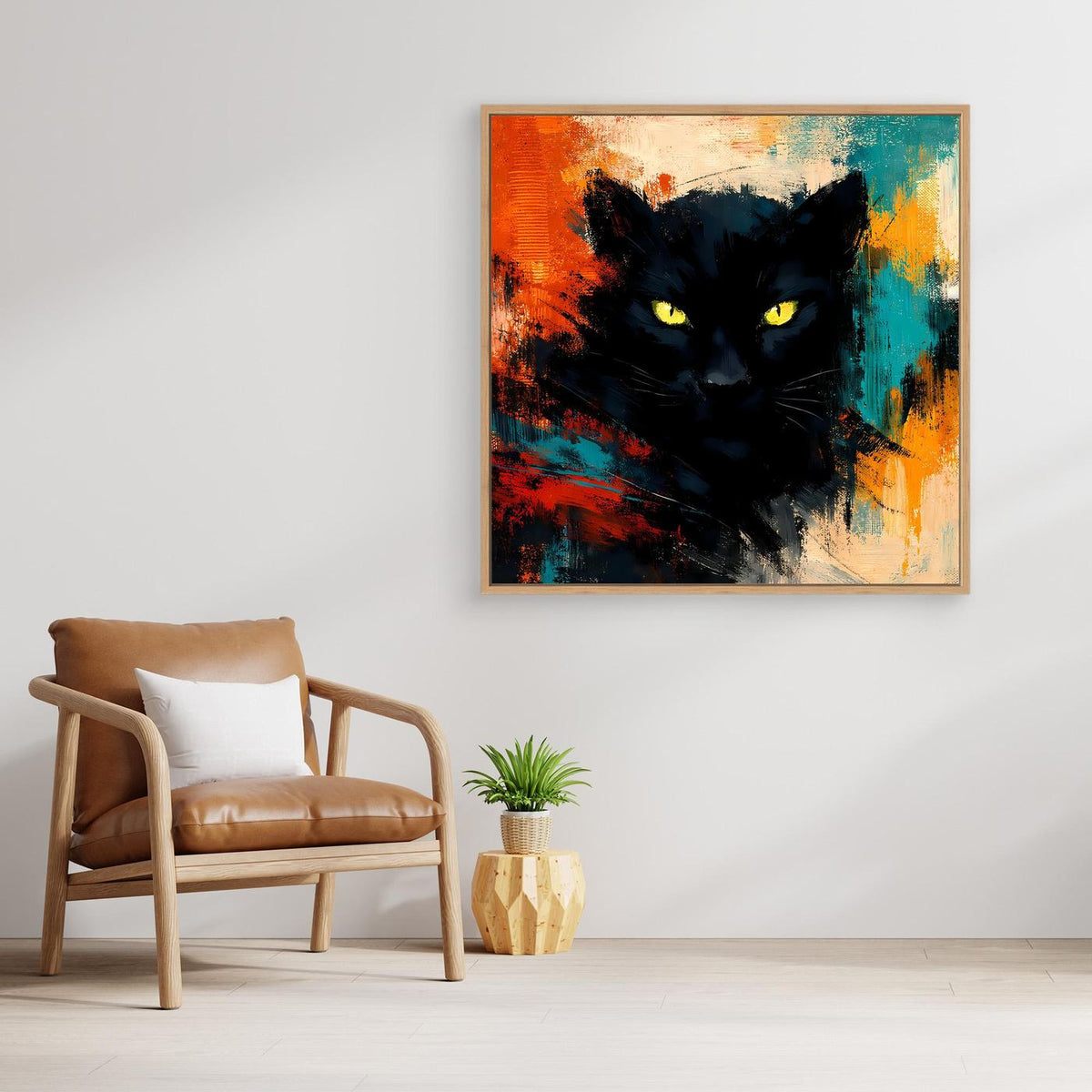 Leinwandposter mit schwarzem Panther und gelben Augen, abstrakter Farbexplosion, Holzrahmen
